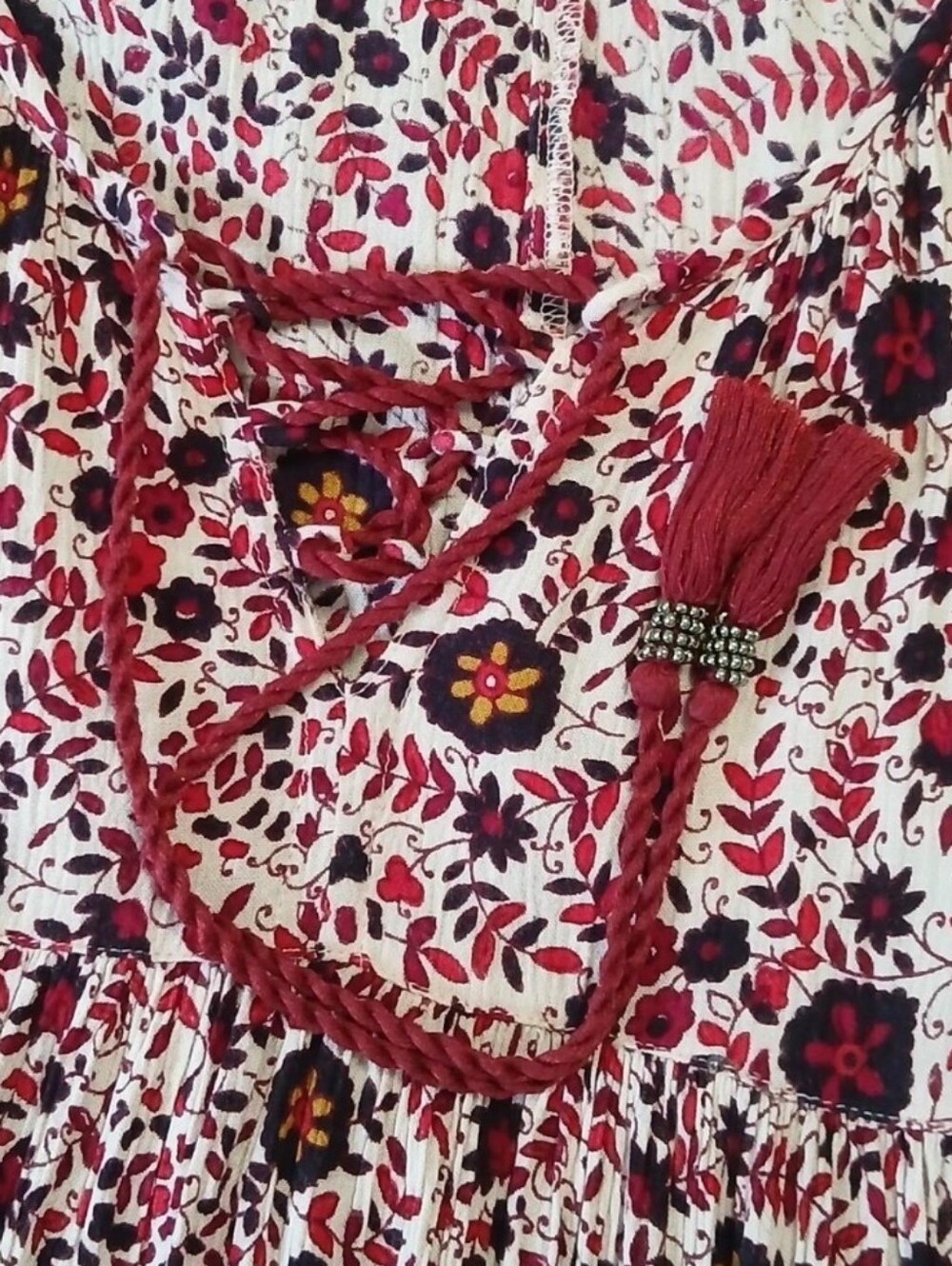 Vintage American Outfitters Size L Peasant Dress Burgundy Pink White Purple Mini - Picture 4 of 8